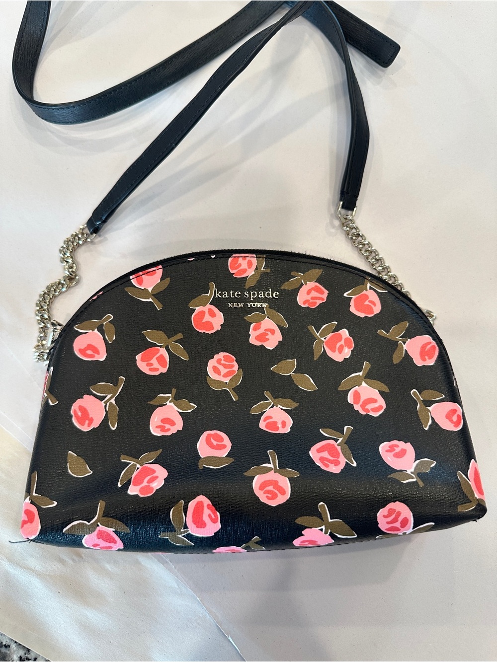 kate spade Black with Pink Rose Print Crossbody Bag